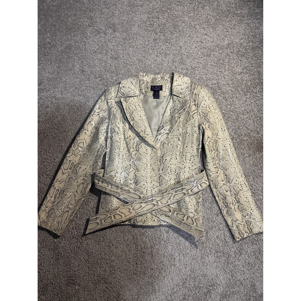 VS2 by Vakko Snakeskin Print Leather Belted Jacket Cream Grey Medium